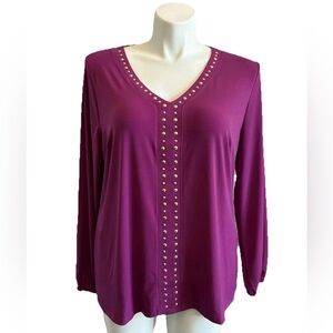 INC International Concepts Women’s 2X Fuchsia Studded V-Neck Blouse Gold Studs